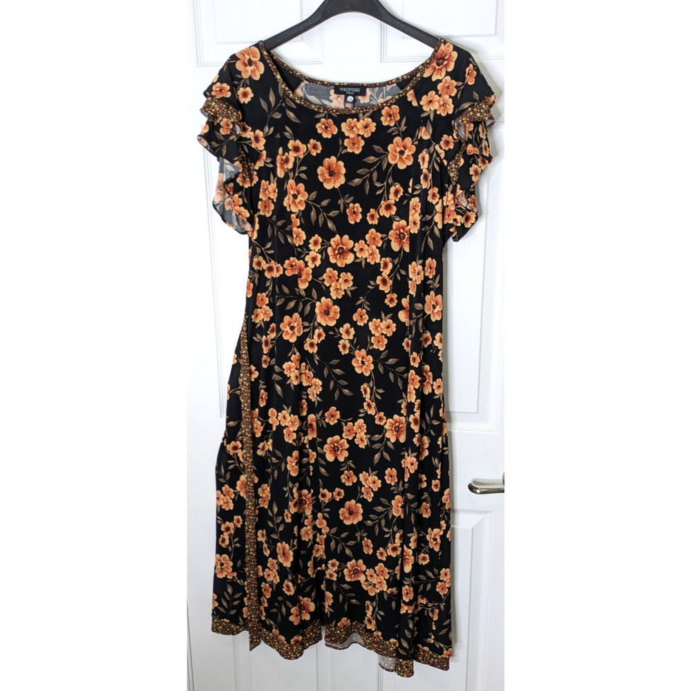 Perceptions Womens Dress Black Floral 1X Short Sleeve Belted